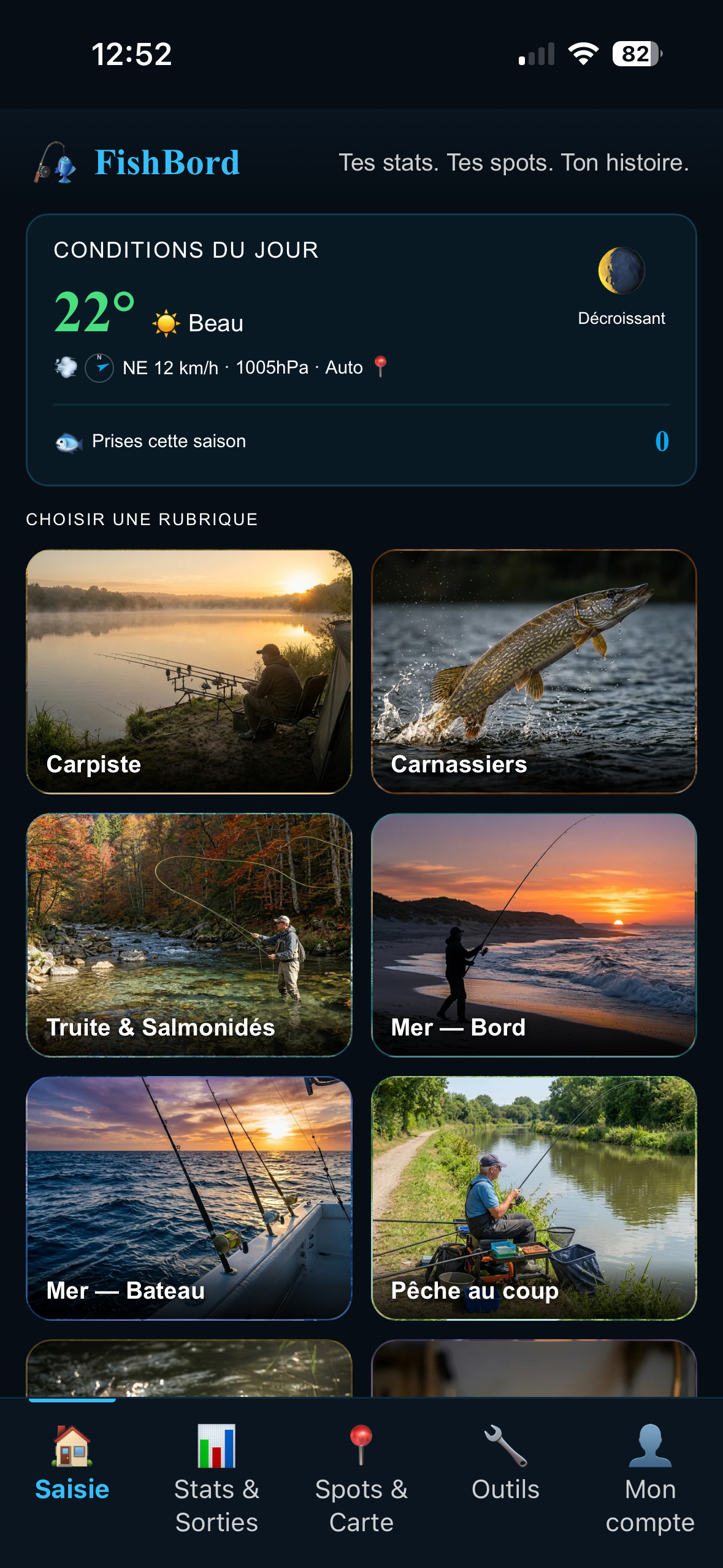 FishBord — écran d'accueil : tes stats et tes profils en un coup d'œil