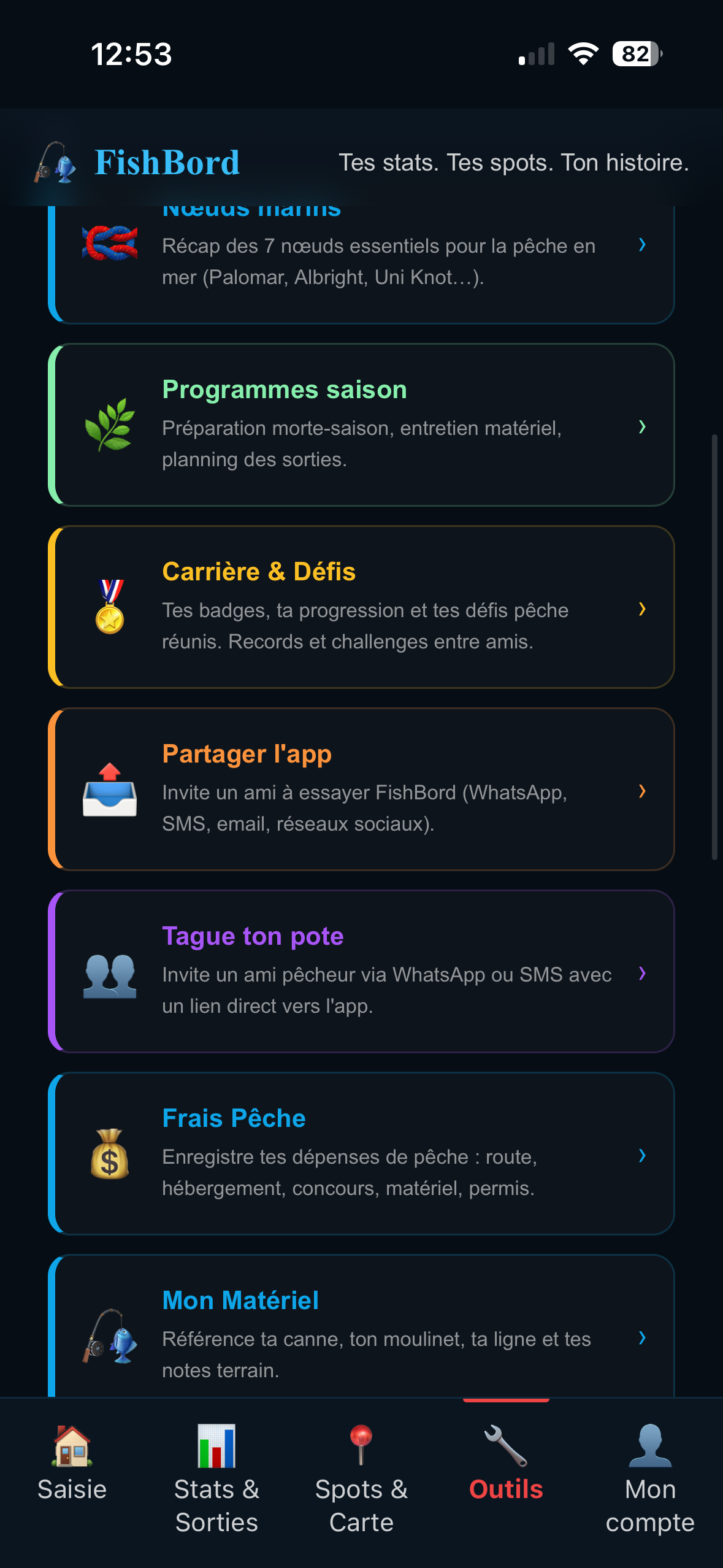 FishBord — boîte à idées, SOS, frais pêche, tous tes outils à portée